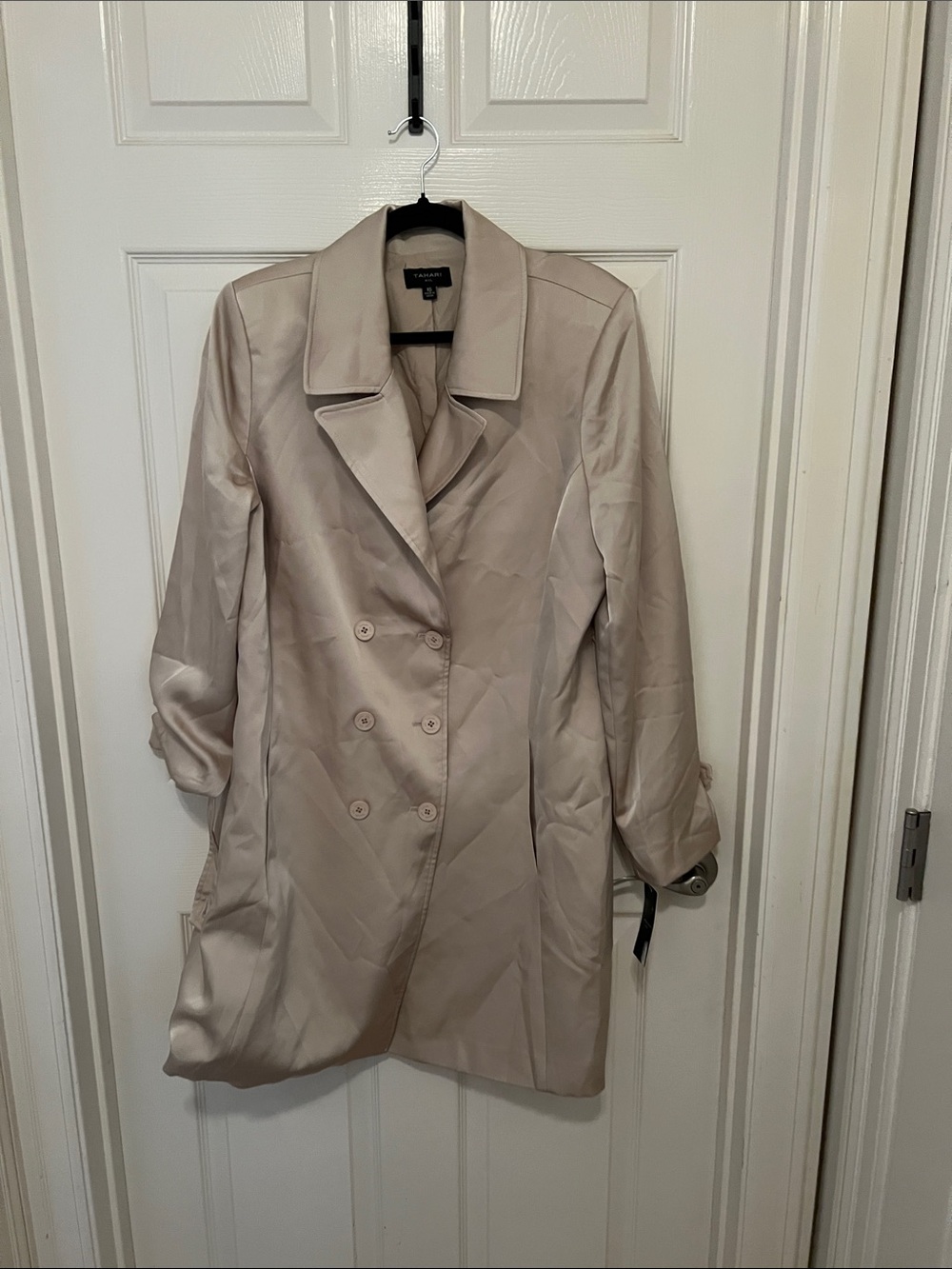 Tahari Double-Breasted Satin Trench Coat - Light Beige